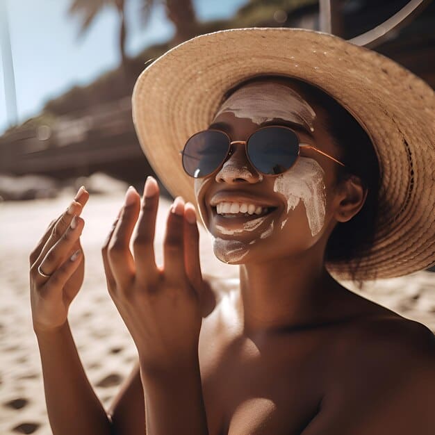 cheerful african american girl straw hat sunglasses applying sun cream her face 1142 50729